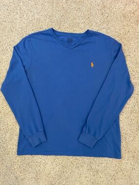 Polo by Ralph Lauren Men's Long-Sleeve V-Neck Shirt - Blue with orange pony.